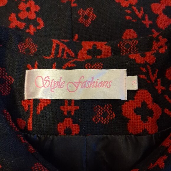 NEW Women’s Elegant Pea Coat Red Black Floral Lined Trench Coat ¾ Sleeve 14 L - Picture 8 of 10